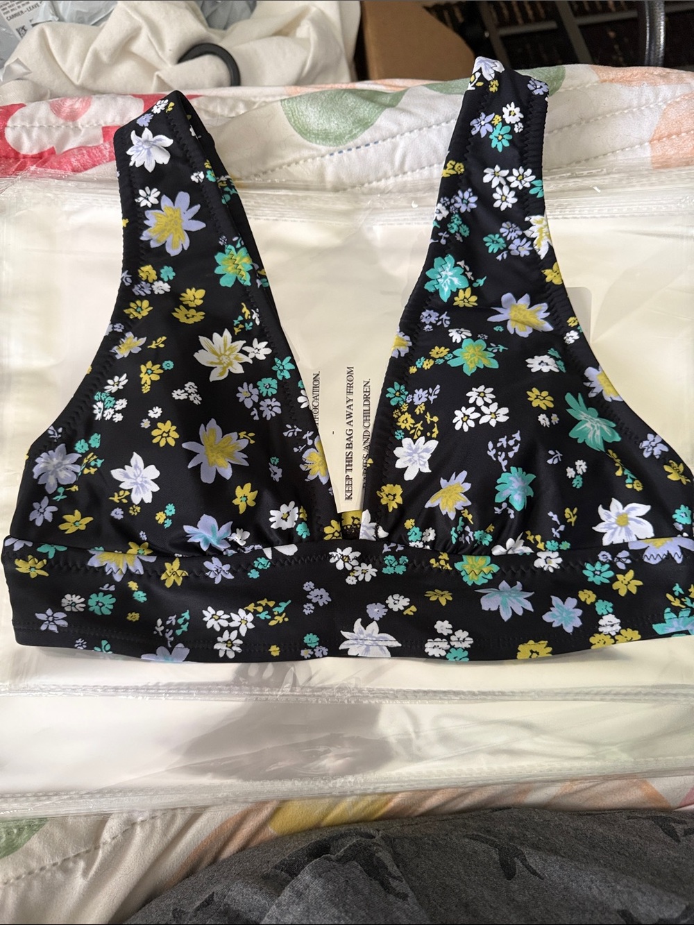 Shade & Shore Black Floral Bikini Top with Yellow, Teal & White Flowers 0049
